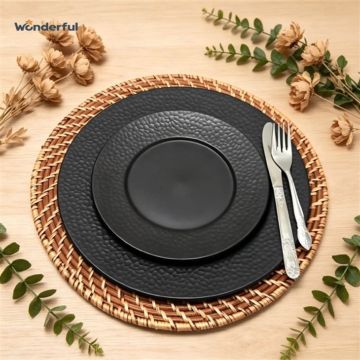 Matte Black Hammered Stoneware Dinnerware Set high quality